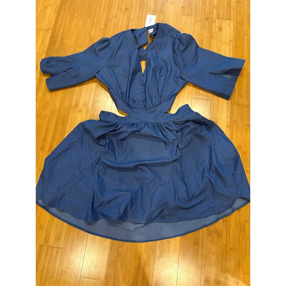 J. Brooks Dress Womens 1X Blue Midi V-Neck Button Front Cutout Waist 3/4 - Picture 2 of 13